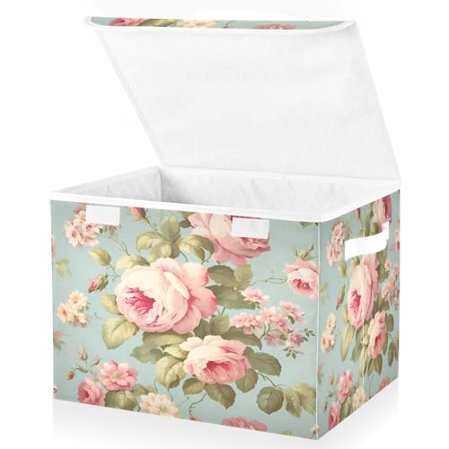 senya Flower Baskets Collapsible Storage Bins with Lids, Vintage Pink Rose Flower Storage Boxes Clothes Baskets for Organizing, B06D22020 - color: Flower 1