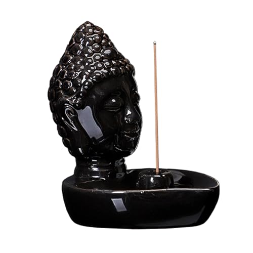 Buddha Head Incense Holder for Sticks, Small Ceramic Incense Burner Healing, Meditaiong, Zen, Timer of Spa or Yoga, with Ash Catcher (Black) - color: Black