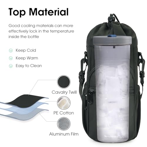 sportsnew 40oz Insulated Crossbody Water Bottle Bag Gym Hiking Phone Pocket | Water-resistant Lining, Padded Strap, Top Handle, Drawstring, Phone Pocket, Elastic Slots, Built-In Key Clip for Gym Walking - color: Black