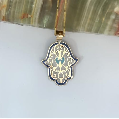 14K Solid Gold Pendant Necklace Hand-Painted Abstract Hamsa Hand and Allah Calligraphy (Evil Eye) - Gift for Men, Women, Daughter, Son, Unisex Adults, Kids - color: Hamsa Hand with Heart Design, style: Only Pendant