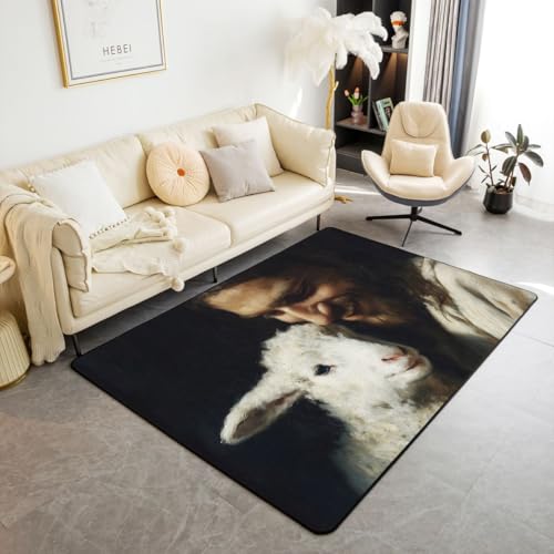 Manfei Man Holding Lamb Kids Area Rug,Black White Inspirational Belief Indoor Floor Mat Entrance Rug for Girls,Spiritual Verse Faith Non Slip Rug,Cute Rustic Animal Couch Living Room Decor,3'x5' - color: Black White, size: 3'3" x 4'11" (Rectangular)
