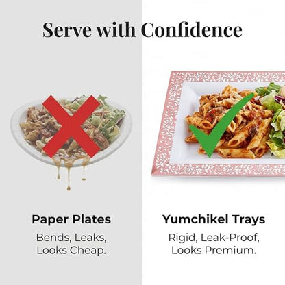 Yumchikel-Plastic Serving Tray & Platter Set (4pk) White & Rose Gold Lace Disposable Party Trays & Platters for Food - Weddings, Dessert Table, Cupcake Display -14"x7.5" inches - color: White Rose Gold Lace, size: 4 Pack