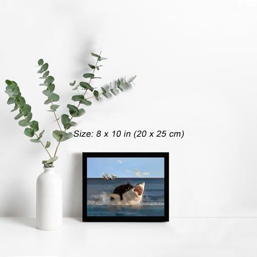 ICHZUMW Framed Funny Black Cat Biting Shark Ocean Canvas Wall Art 8x10 In - color: Black Shark Rider, size: 10"L x 8"W