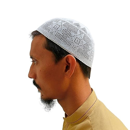 Muslim Prayer Caps by Feeha - White Knitted Kufi, Zakir Naik Caps, Taqiya Takke Peci for Men