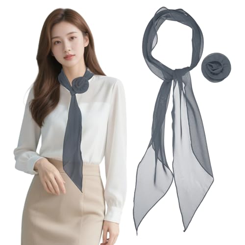 Chiffon Scarf for Women, Long Skinny Chiffon Neckerchief with Detachable Rose Flower Light Soft for Hair Ribbon - color: Charcoal
