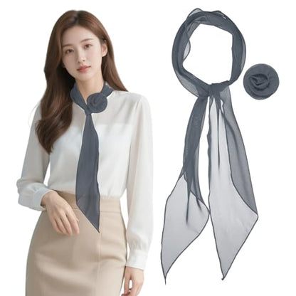 Chiffon Scarf for Women, Long Skinny Chiffon Neckerchief with Detachable Rose Flower Light Soft for Hair Ribbon - color: Charcoal