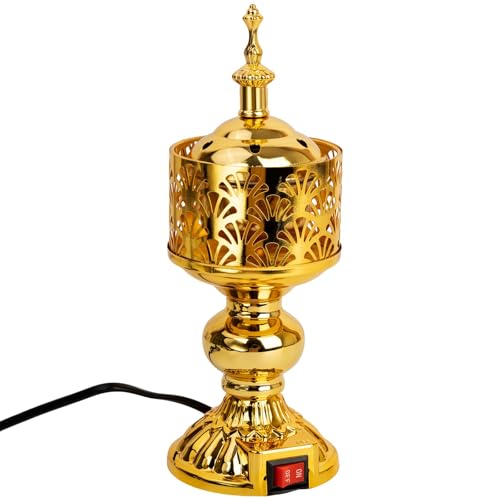 Golden Electric Incense Burner, Arabian Style Electric Incense Holder, Middle Eastern Tabletop Decorative Censer for Yoga Spa Home Office Christian Church Decor, US Plug (Gold)