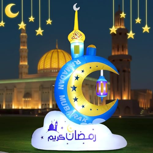 Lewondr 8.20FT Outdoor Inflatable Ramadan Moon Decorations,Waterproof Inflatable Eid Mubarak Decor,Blow Up Muslim Holy Celebration Decor with LED Lights,Muslim Holidays Inflatable for Yard,Blue Moon - style: Blue Moon