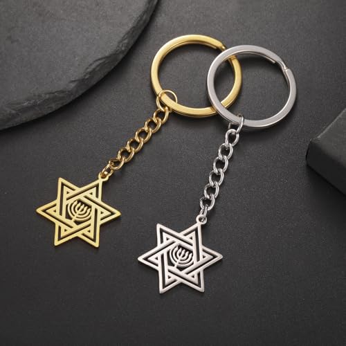 VASSAGO Star of David Keychain for Women Men Jewish Star Menorah Keyring Stainless Steel Hanukkah Keychain Religious Jewelry - color: Silver
