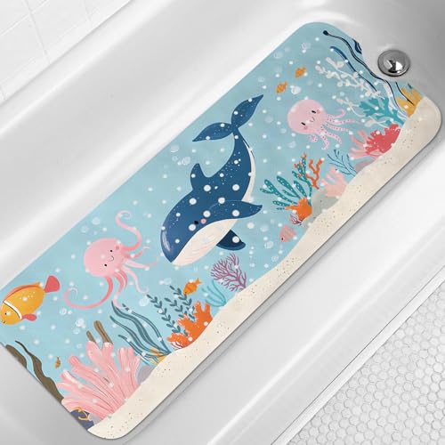 LNOND Bath Mat for Tub for Kids, Toddler Bathtub mat Non Slip, Jellyfish Coral Kids Bath Mats for Bathroom Non Slip with Drain Holes and Suction Cups,Machine Washable (40 X 16 Inch) - color: Jellyfish Coral