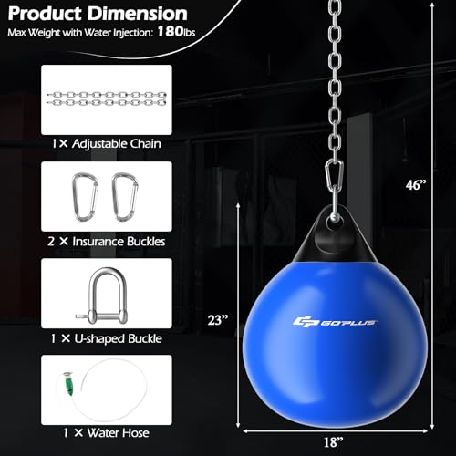 Goplus Water Aqua Bag, 21'' 180 Pound /18” 110 Pound Heavy Punching Bag with Adjustable Metal Chain, Water Injection Hose, Boxing Training Bag for Adults Fitness, MMA - style: Blue-18”, 110LBS