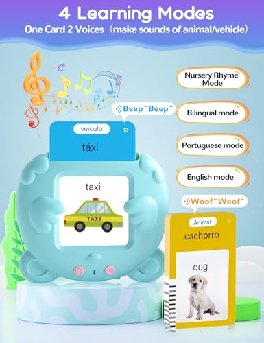 Portuguese and English Talking Flash Cards for Kids, 510 Sight Words Bilingual Learning Toys for Toddlers, Autism Pocket Speech Therapy Toys, Brazilian Português Vocabulary Educational Flashcards - size: 510-Portuguese&English(blue)