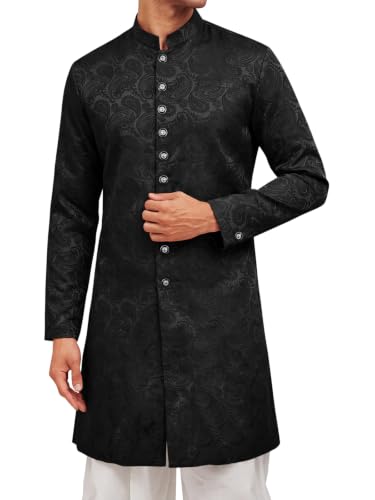 Runcati Mens Kurta Sherwani Coats Kaftan Indian Ethnic Royal Textured Suits - color: Flower- Black, size: Medium