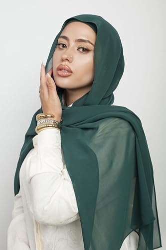 Instant Chiffon Hijab 3-in-1 with Built-in Magnets and Attached Match Undercap, Women Hijabs Set. - color: Emerald