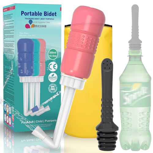 2PCS-Pack Travel Bidet Bottle Pink+ Black Backpacking Bidet Camping Bidet, 300ml Portable Bidet ,10.6oz Peri Bottle - Vaginal Cleaning, Recovery, Hospital Labor and Delivery Essentials - size: Pink Bottle+ Black Pocket Bidet