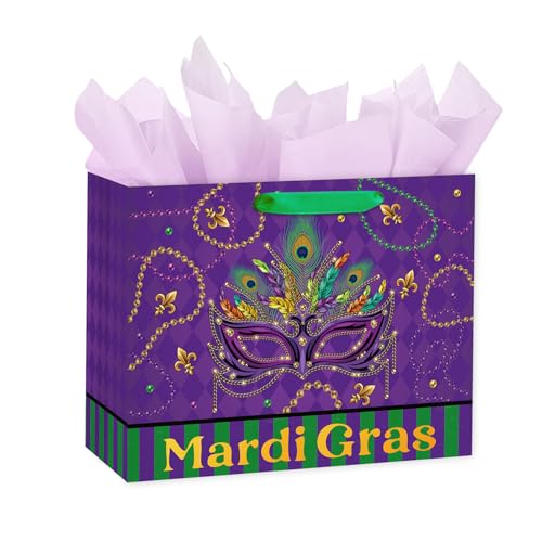 Loveinside Mardi Gras Gift Bag, Purple, Green & Gold Masquerade Mask Design, Medium Size Gift Bag with Tissue Paper for Mardi Gras, Carnival, Birthday, Parades, Party Favor, 13" x 5" x 10", 1 Pcs - color: Mardi Gras
