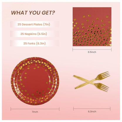Paper Plates and Napkins Set, Red and Gold Dot, 75PCS, Serves 25 - color: Red Gold Dot, size: 7inch-75pcs