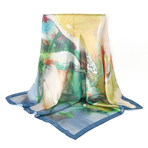 100% Mulberry Silk Scarf-Printed or Solid Color 35” Square Large Silk Hair Head Wrap Scarf With Gift Box Package - color: Style 52