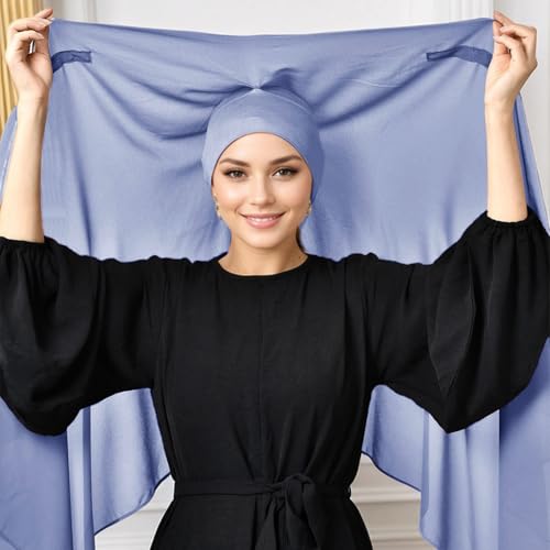 Instant Hijab Set 3-in-1 Chiffon Hijab Scarf for Women with Built-in Magnets and Undercap Head Wraps - color: Blue