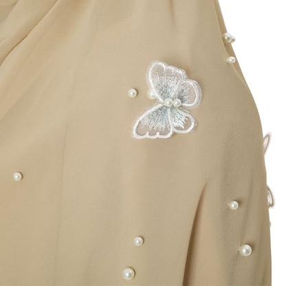 Muslim Prayer Hijab for Women Lightweight Pearl Chiffon Scarfs 3-D Butterfly Embroidery with Glitters Beads Islamic Hijab - color: Khaki