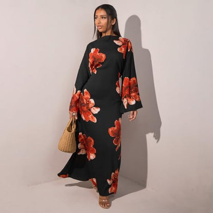 FYMNSI Womens Muslim Dresses Bell Sleeve Floral Butterfly Abaya Modest Dubai Kaftan Islamic Dress Eid Ramadan Prayer Clothes - color: Black, size: Small