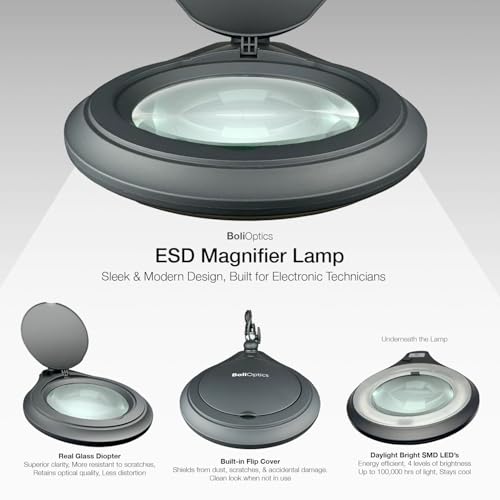ESD Safe (Glass Lens) Professional LED Magnifying Lamp with Clamp (3 Diopter, 1.75X) Work Light, 4 Brightness Levels, Daylight Bright, 1200 Lumens, 5600K-6000K, Matte Black, BoliOptics MG16303122