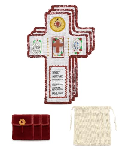 Onism Pocket Prayer Quilt with Cross, 3 Pack, Dark Red Stone Cross | Handcrafted handheld shrine, soft velvet backing, Spanish scripture inside, baptism keepsake for women, travel altar - color: 3pcs Red+stone–small (No Pocket)