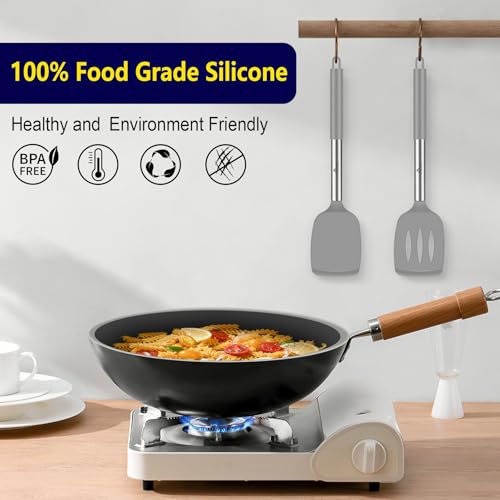 HOTEC Silicone Spatula Set of 2 Heat-Resistant 600°F & BPA-Free Kitchen SaptulaTurner with Stainless Steel Handles, Slotted & Solid Spatulas for Nonstick Cookware, 13.7 Inch, Grey - color: Gray