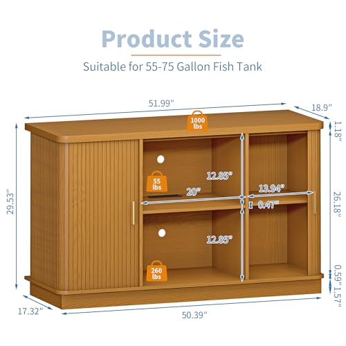 DHH 55-75 Gallon Fish Tank Stand with Power Outlet, Mid Century Modern Aquarium Stand with Adjustable Shelves and Sliding Door,Heavy Duty Reptile Tank Stand for Turtle Terrarium, 1000LB (Yellow Oak)