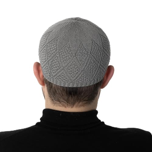 Modefa Men's Islamic Turkish Diamond Pattern Knitted Kufi Hats for Men - Islamic Muslim Headwear for Men - Prayer Cap Takke - color: Silver Grey