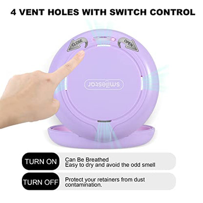 Retainer Case, Slim Aligner Case with Adjustable Vent Holes and Mirror, Compatible with Invisalign, Night Guard and Mouth Guard, Premium Retainer Case, With Aligner Remover Tool, Chew & Brush - color: Round: Purple