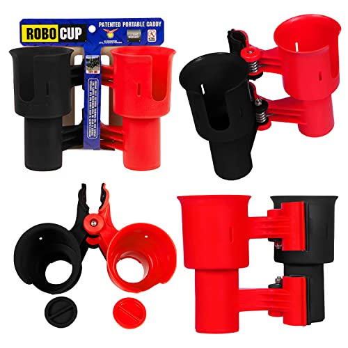 (Red & Black), Patented Clamp On Boat Cup Holder | Multifunction Dual Drink Caddy for Fishing Poles, Tools, Net, Gaff | Portable Storage for Boating, Beach, Umbrellas, Golf Carts, Strollers - color: Black & Red, size: Standard Spring