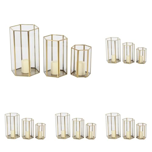 CosmoLiving by Cosmopolitan Glass Decorative Candle Lantern with Metal Plate, Set of 3 6", 8", 10" H, Gold (Pack of 5) - size: 3 PIECES SMALL SIZE (Pack of 5)