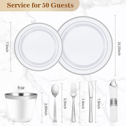 BESTVIP 350PCS Silver Plastic Dinnerware Set, Disposable Party Plates for 50 Guests, Include: 100 Plastic Plates, 50 Pre Rolled Napkins with Silver Silverware, 50 Cups - color: Silver, size: 50 Guests