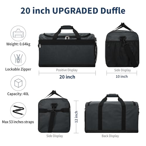 Gym Bag 40L Sport Duffle Bag for Men, Dark Grey | 20×9×10 inch, Weekender, Travel - color: Dark Gray