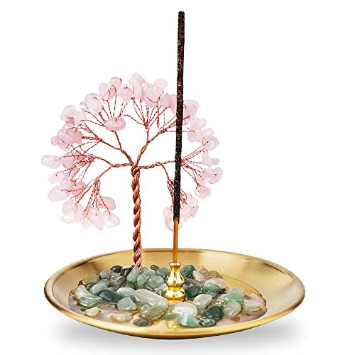 Incense Holder for Sticks, Healing Crystal Stone Money Tree Incense Burner, Ash Catcher for Yoga, Meditation and Home Decor - color: Pink
