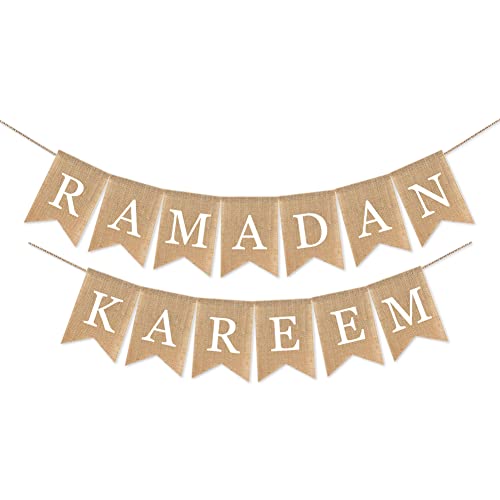 Burlap Ramadan Kareem Banner Muslim Fireplace Mantel Decoration Rustic Ramadan Kareem Bunting Banner for Mantle Fireplace Ramadan Party Decor Supplies - color: ramadan kareem