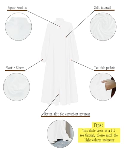 Womens Abaya Muslim Long Sleeve Front Zipper Dress Prayer Islamic Clothes with Pockets - color: White, size: Medium