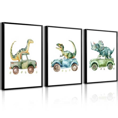 Dinosaur Nursery Wall Art Kids Canvas Poster Baby Boy Nursery Wall Decor Green Dino Pictures Toddler Prints Cartoon Dino Car Painting Boys Room Artwork for Bedroom Bathroom 12x16x3 Inch Unframed - color: Dinosaur Car Prints, size: 12"x16" Unframed