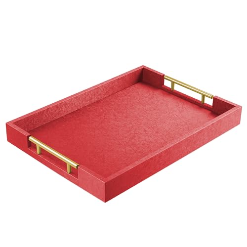 ATZYmolin 17"x12" Leather Serving Tray, Gold Handle Vanity Platter, Red - color: Red, size: 17" x 12" x 1.8"