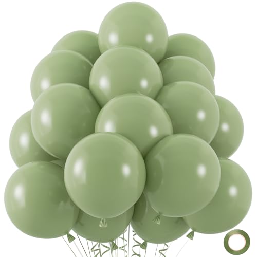 50pcs Sage Green Balloons, 12inch Matte Boho Green Balloons for for Wedding Decor Safari Baby Shower Jungle Birthday Balloon Decoration (With Ribbon & Glue) - color: Sage Green