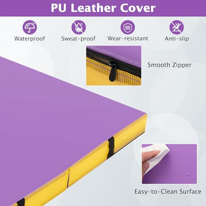 Giantex 4" Thick Folding Gymnastics Mat, 4' x 4' Bio-Folding Exercise Mat with Carry Handles & PU Leather Cover, Gym Home Tumbling Mat for Kids, Yoga, Fitness, Pilates & Martial Arts - color: Purple