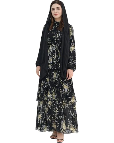 Breathable Modest Prayer Dresses Long Sleeve Layered Maxi Dress with Belt European Floral Print Women Muslim Abaya - color: Black Dress & Scarf, size: XXL(58)