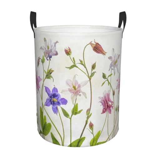 Aquilegia Columbine Summer Flowers Still Life Graphic Flower Pastel Round Waterproof Oxford Cloth Laundry Basket Multi-Purpose Storage Basket Toys Books Clothes Storage Basket - color: Black 6