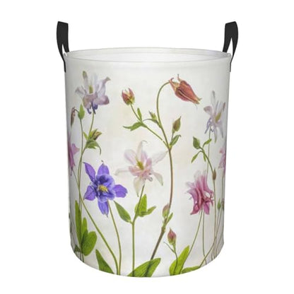 Aquilegia Columbine Summer Flowers Still Life Graphic Flower Pastel Round Waterproof Oxford Cloth Laundry Basket Multi-Purpose Storage Basket Toys Books Clothes Storage Basket - color: Black 6
