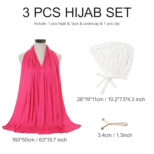 Hijab Scarf for Women, 3PCS Set with Undercap and Hijab Clip Lightweight Modal Muslim Head Wrap Scarf for Daily - color: Sy23-hot Pink Hijab+white Undercap