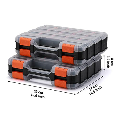 EMENTOL 2PCS Double Side Tool Organizer with Impact Resistant Polymer and Customizable Removable Plastic Dividers, Hardware Box Storage, Excellent for Screws, Nuts, 34-Compartment, Black/Orange