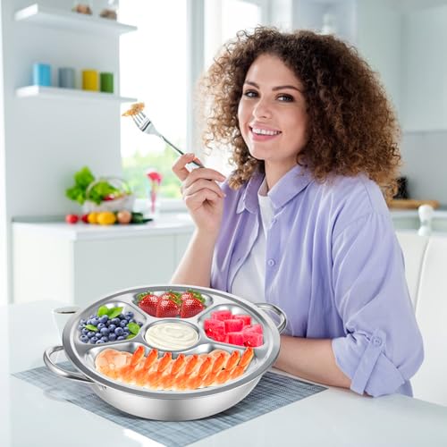 2 Set Shrimp Cocktail Serving Dish 11 Inch Stainless Steel Dip Chiller Serving Bowl, 2 5-Section Chilled Food Trays 2 Round Plate with Handle for Dinner Buffet Seafood Oysters Crawfish Veggie Fruit