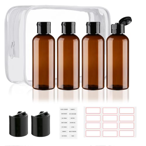 Travel Bottles for Toiletries 3.4oz 4 Pack TSA Approved Leak-Proof Travel Size Containers Squeezable Empty Plastic Toiletry Bottles for Shampoo, Conditioner, Body Wash (Brown) - color: D-Amber