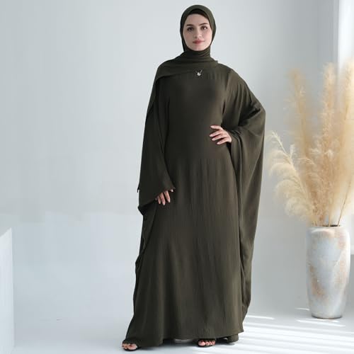 Women Muslim Abaya Dress 1Piece Bat Sleeve Islamic Maxi Robe Fashion Jilbab for Women Eid Kaftan Muslim Robe - color: Army Greena, size: Large